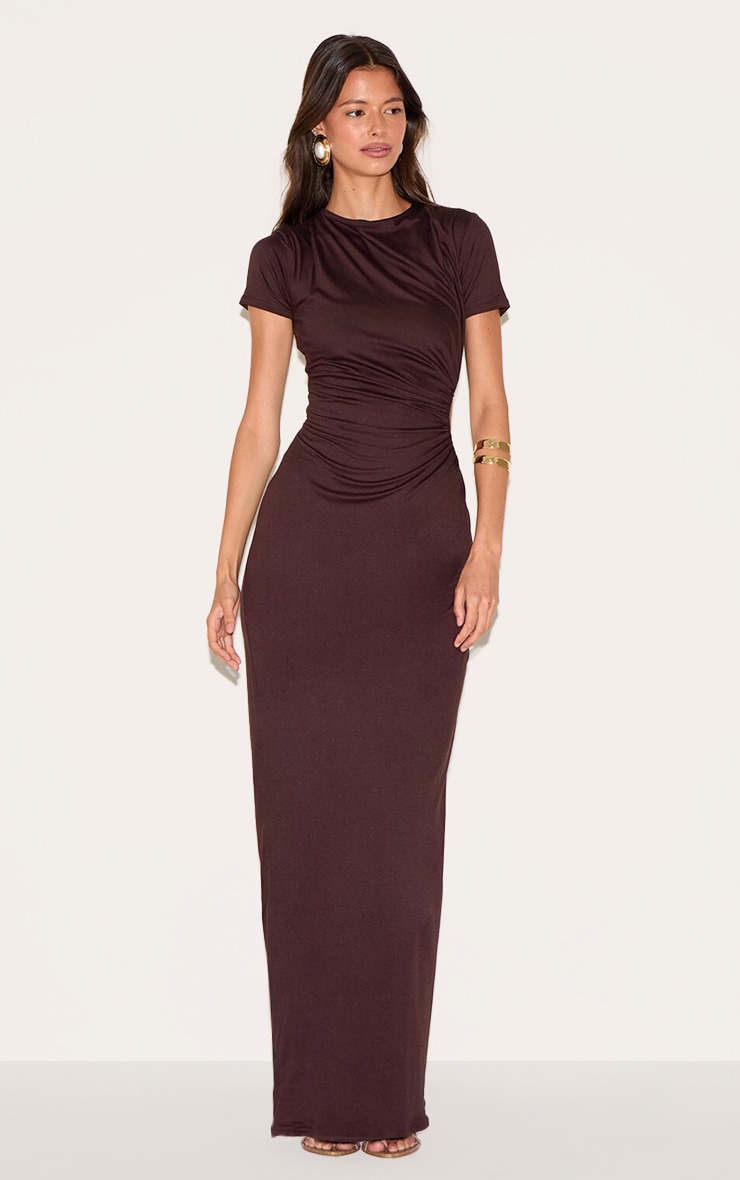 Chocolate Double Layer Soft Touch Cut Out Ruched Detail Maxi Dress image 3