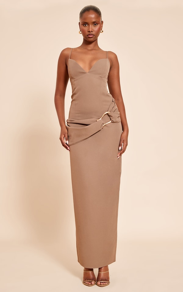 Taupe Woven Belt Wrap Maxi Dress
