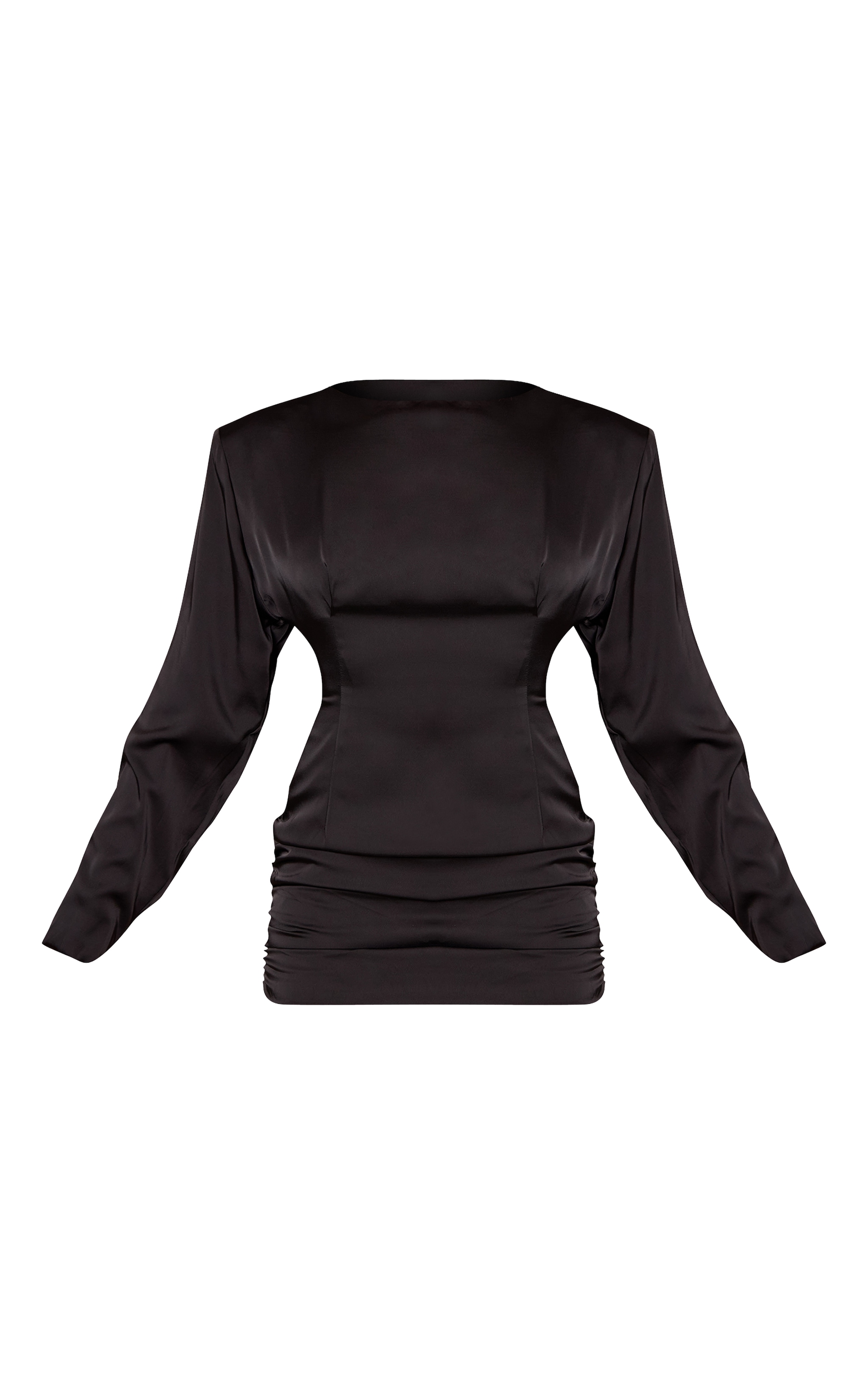PLT Label Black Satin Extreme Shoulder Ruched Bodycon Mini Dress image 5