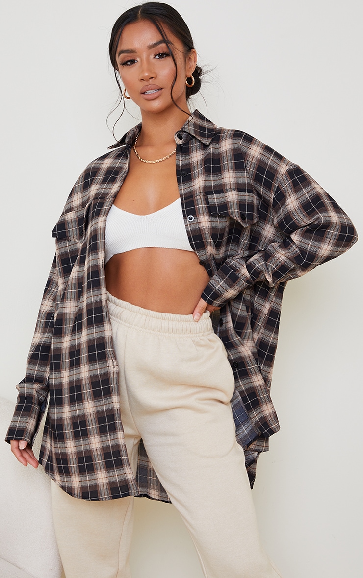 Petite Chocolate Checked Oversized Shirt