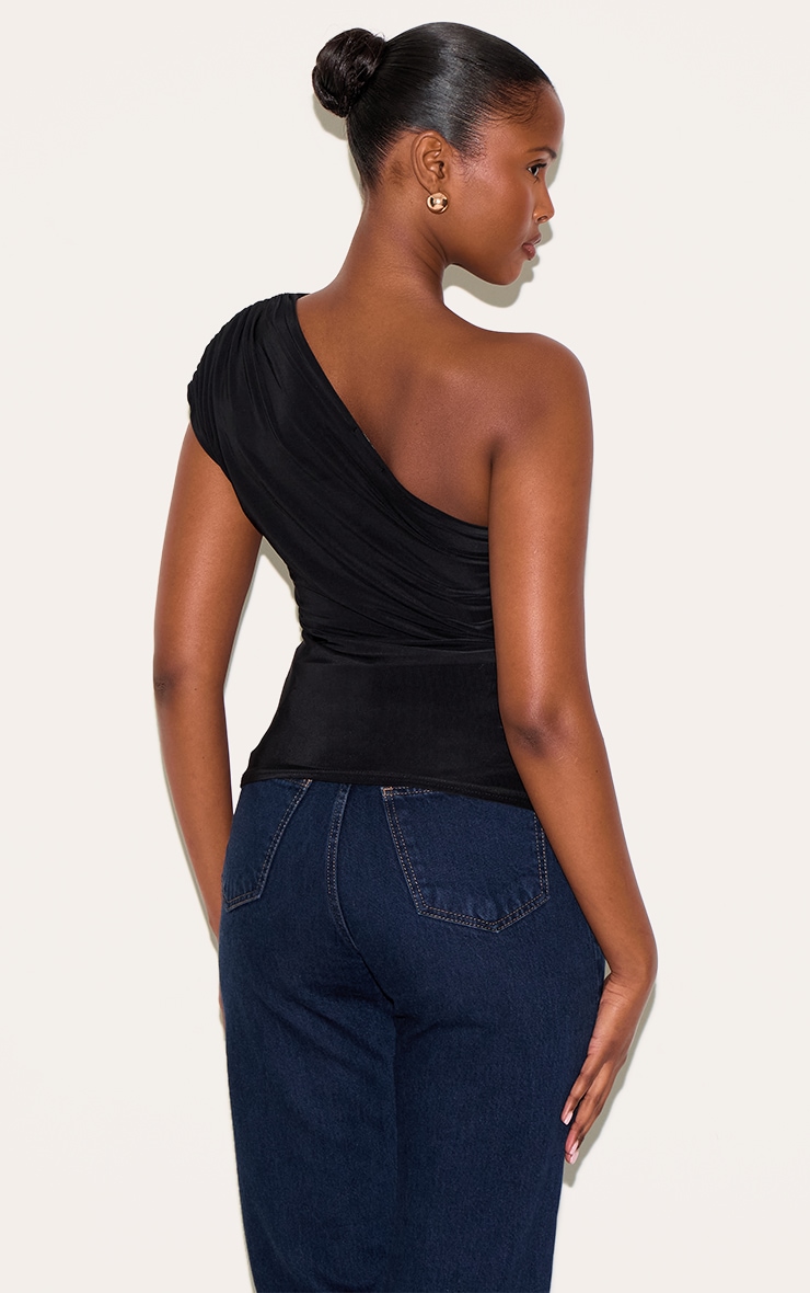 Black Slinky One Shoulder Detail Long Top image 2