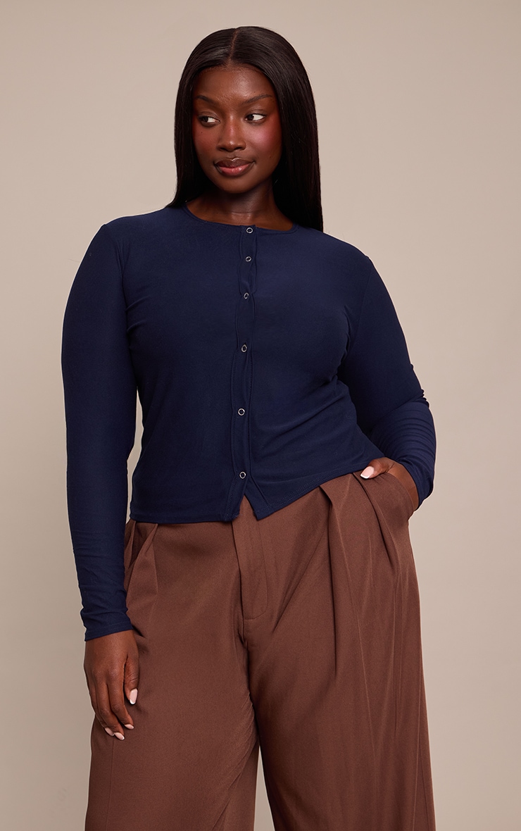 Plus Navy Soft Touch Popper Fitted Long Sleeve Long Top image 1