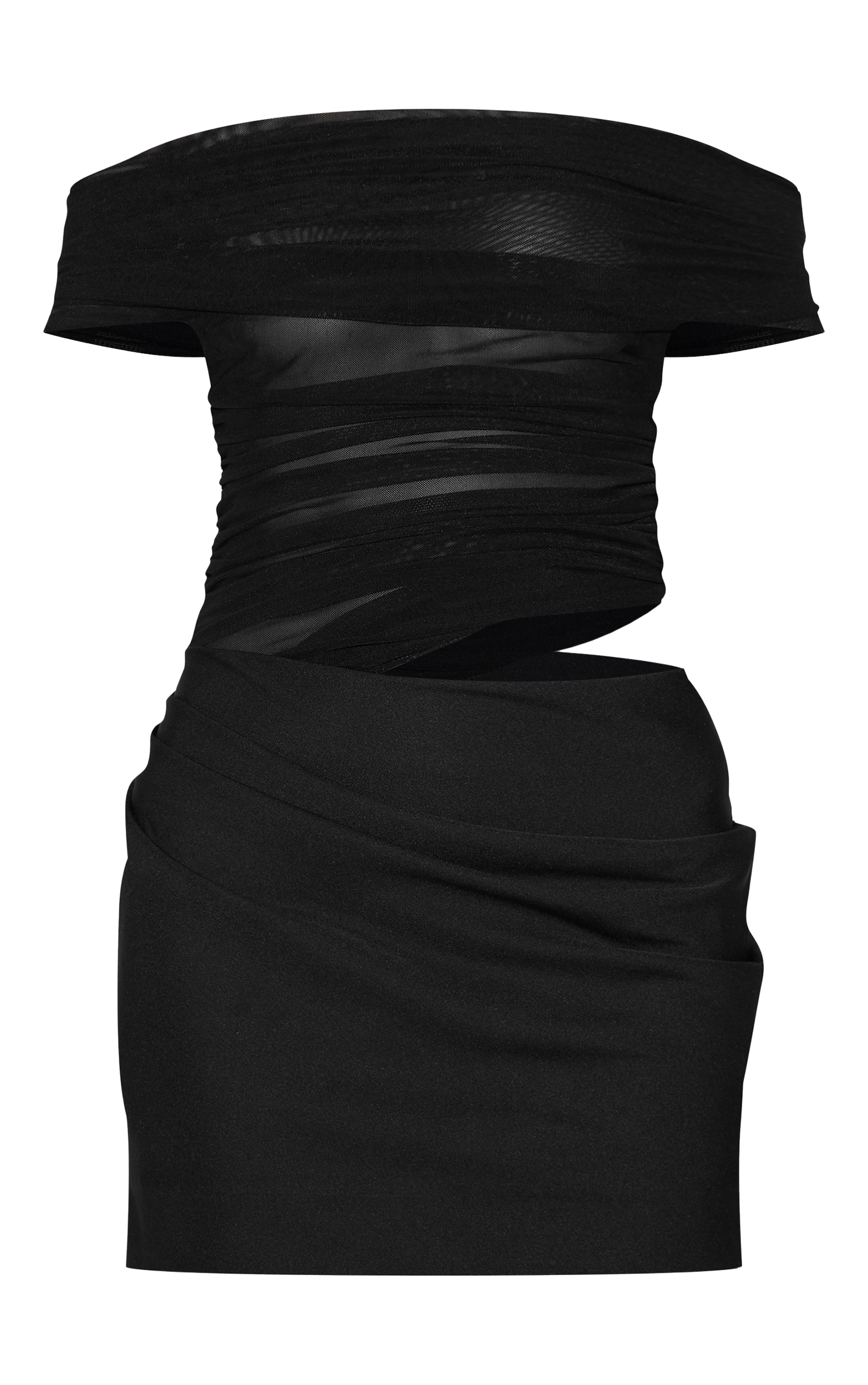 Black Satin Mesh Detail Bardot Mini Dress image 5