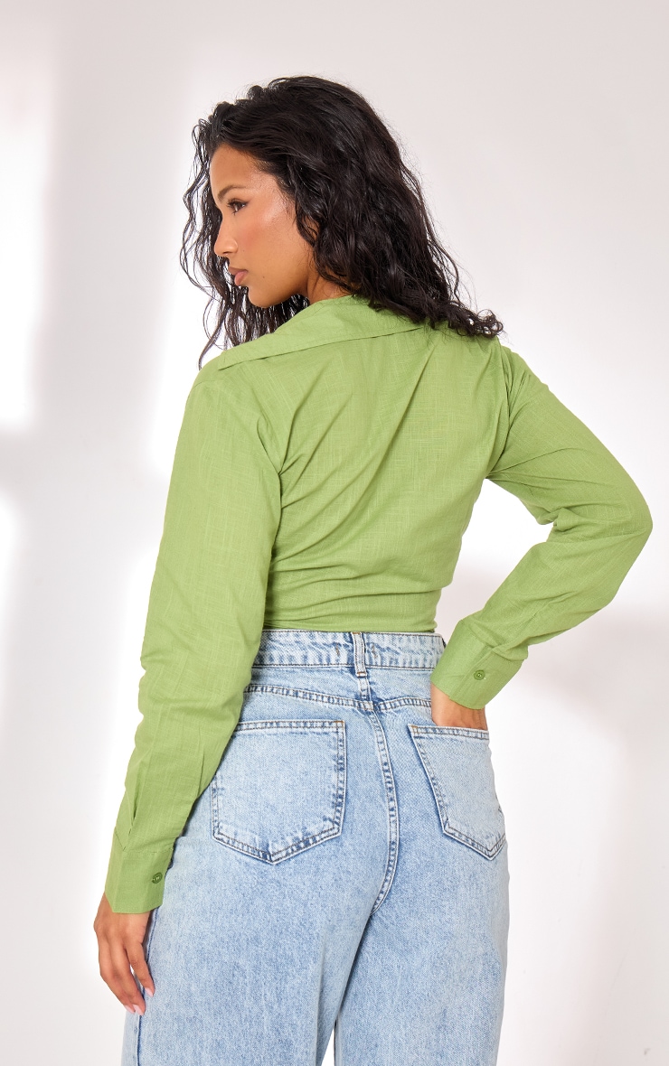 Green Linen Look Tie Front Blouse | Tops | PrettyLittleThing USA