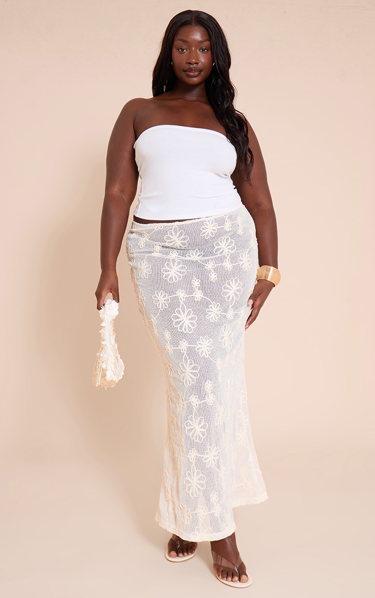 Plus Beige Flower Detail Sheer Maxi Skirt image 1