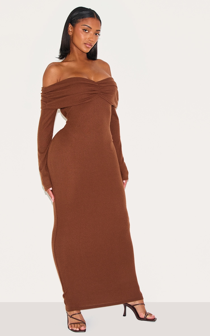 Shape Chocolate Brushed Rib Ruched Fold Over Bardot Maxi Dress image 3