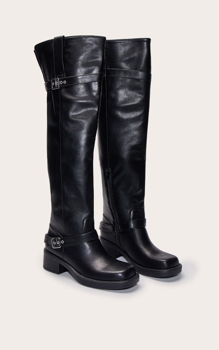 Black PU Buckle Detail Over The Knee Boots image 3