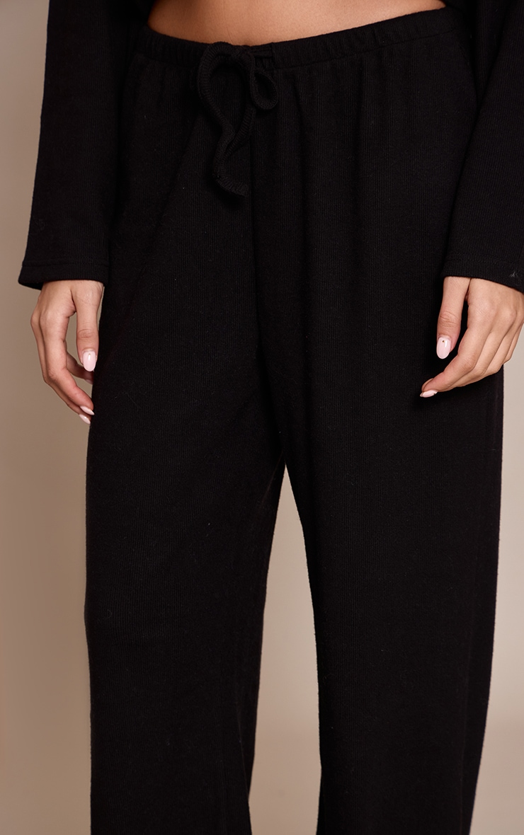 Black Brushed Rib Wide Leg Drawstring Trousers image 4