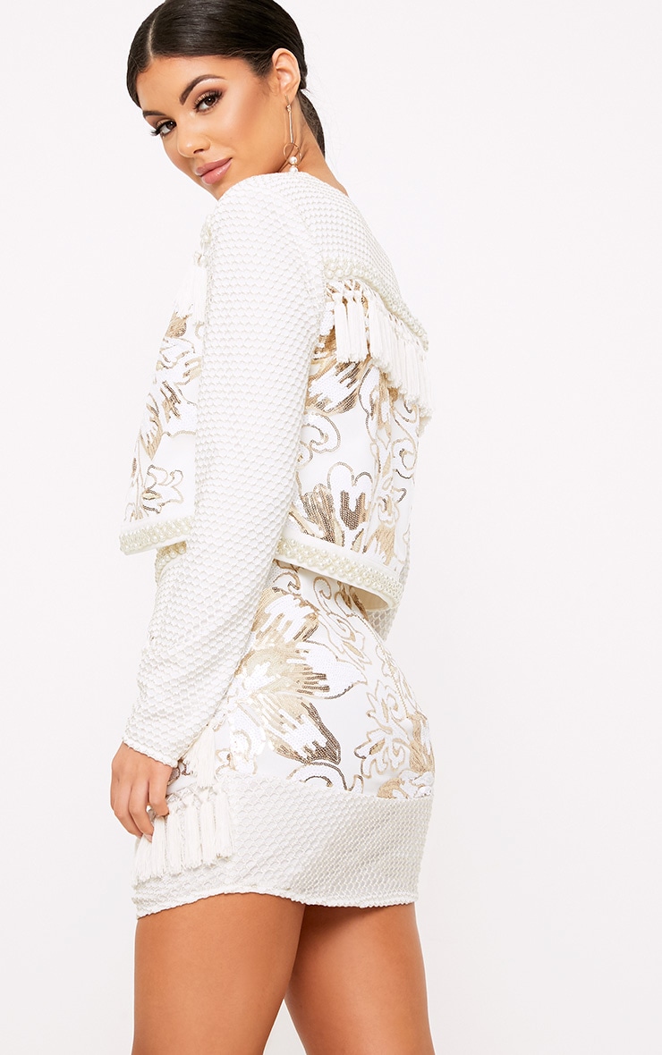 Sharlyne White Sequin Tassel Cropped Jacket PrettyLittleThing