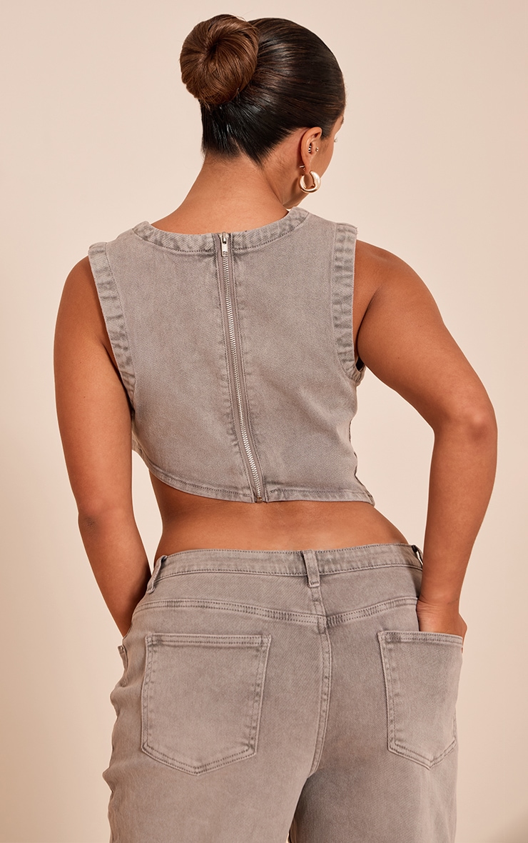 Shape Mushroom Stretch Denim Washed Asymmetric Crop Top image 2
