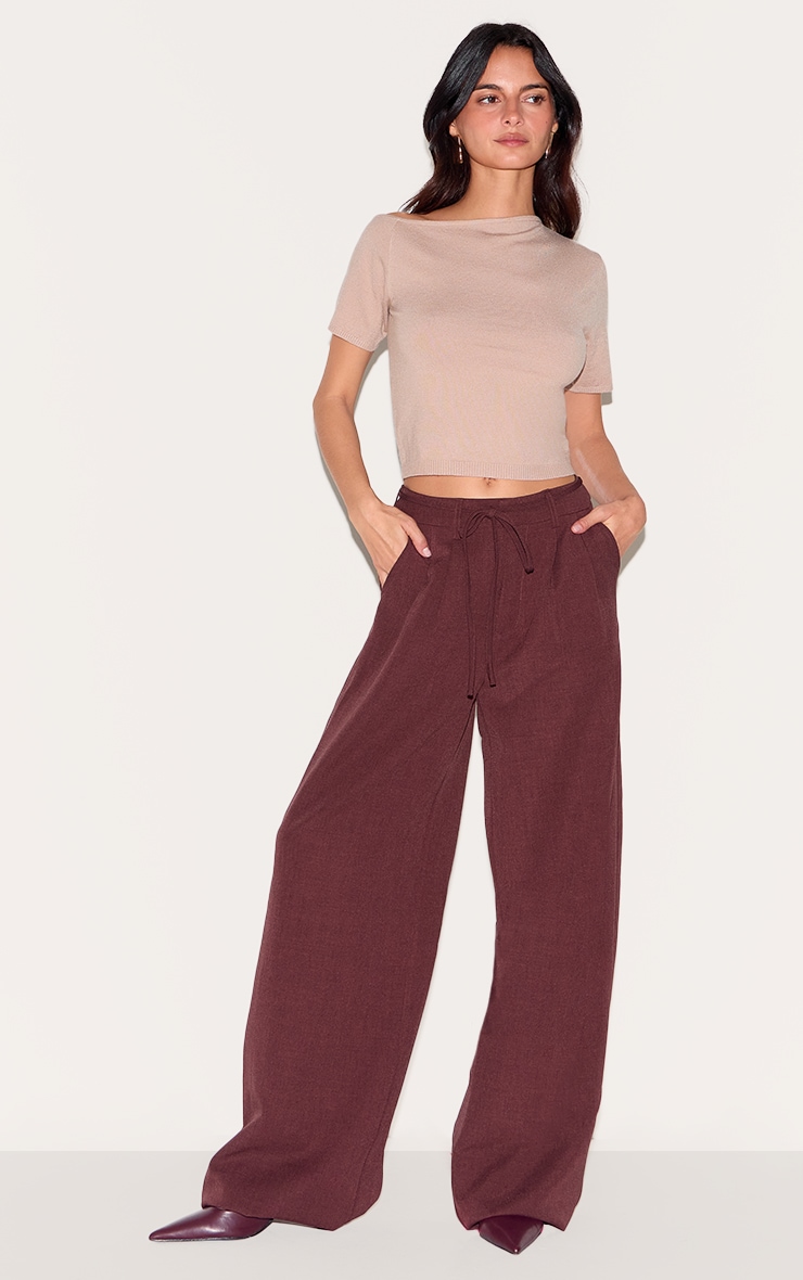 Taupe Basic Knit Asymmetric Neckline Top image 3