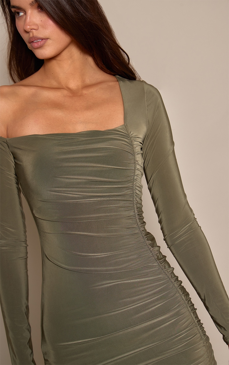 Khaki Double Layer Slinky Asymmetric Ruched Long Sleeve Dress image 4