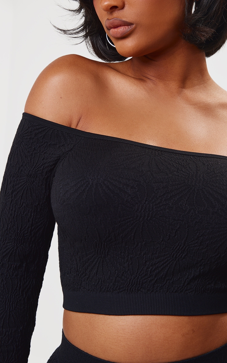 Shape Black Textured Seamless Bardot Long Sleeve Crop Top image 4