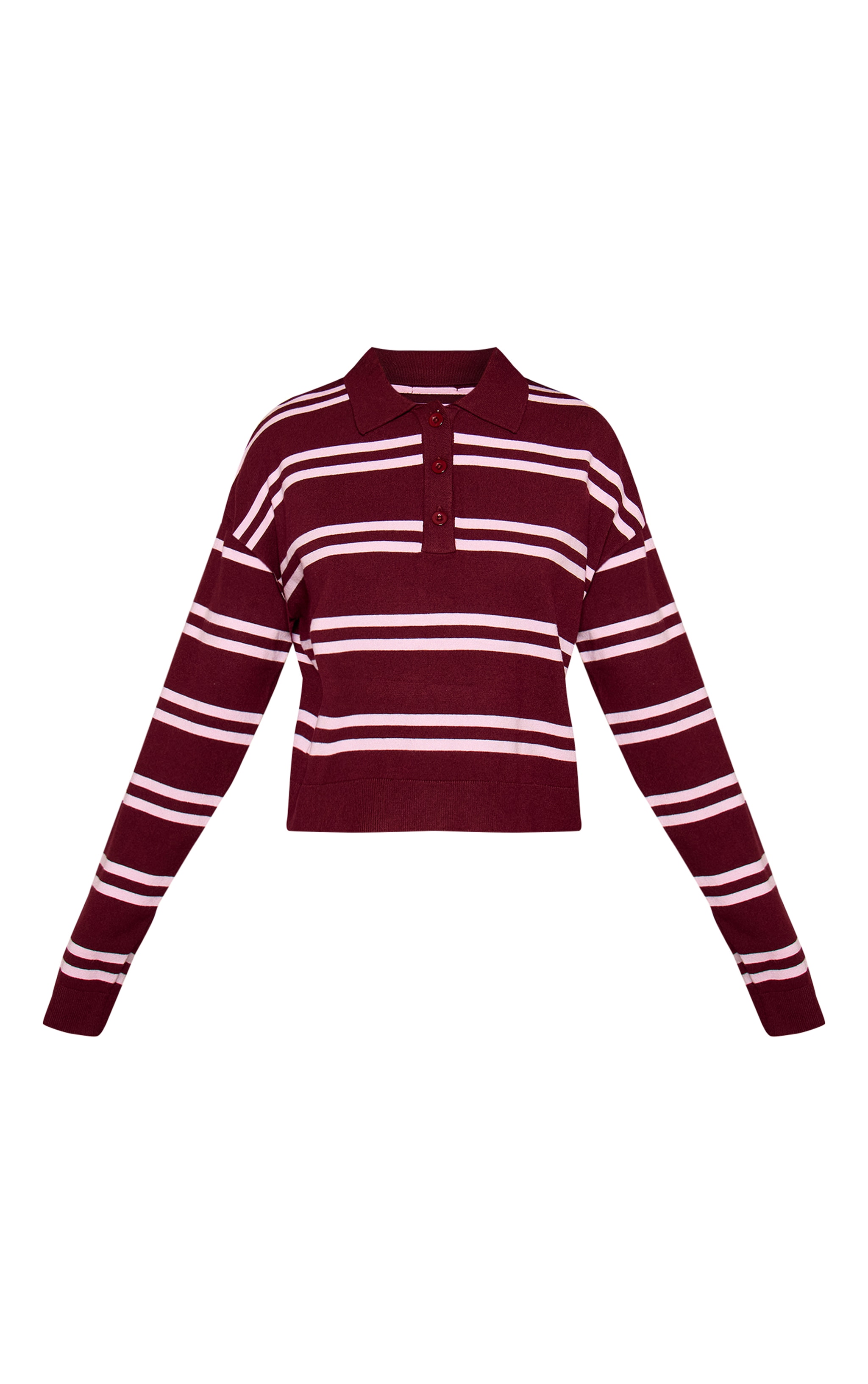 Petite Burgundy and Pink Stripe Polo Knit Long Sleeve Rugby Top  image 5