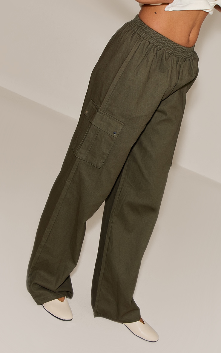 Khaki Wide Leg High Waisted Cargo Pants image 2