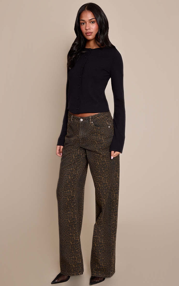 Tall Brown Leopard Print Mid Rise Wide Leg Jeans image 2