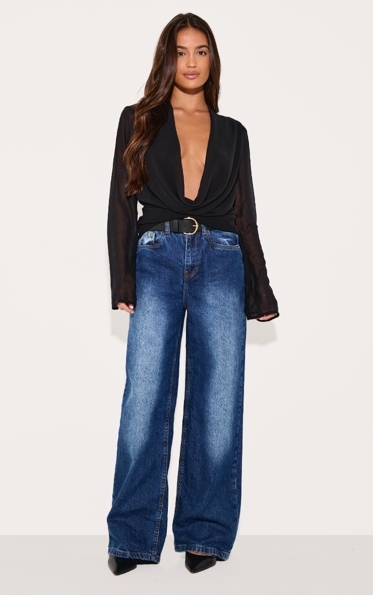 Black Chiffon Long Sleeve Sheer Cowl Blouse image 3