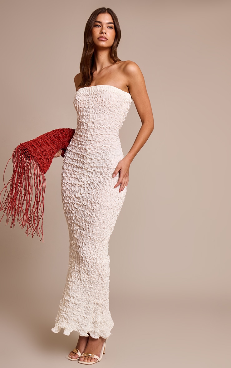 Cream Crinkle Textured Jersey Bandeau Maxi Dress image 3