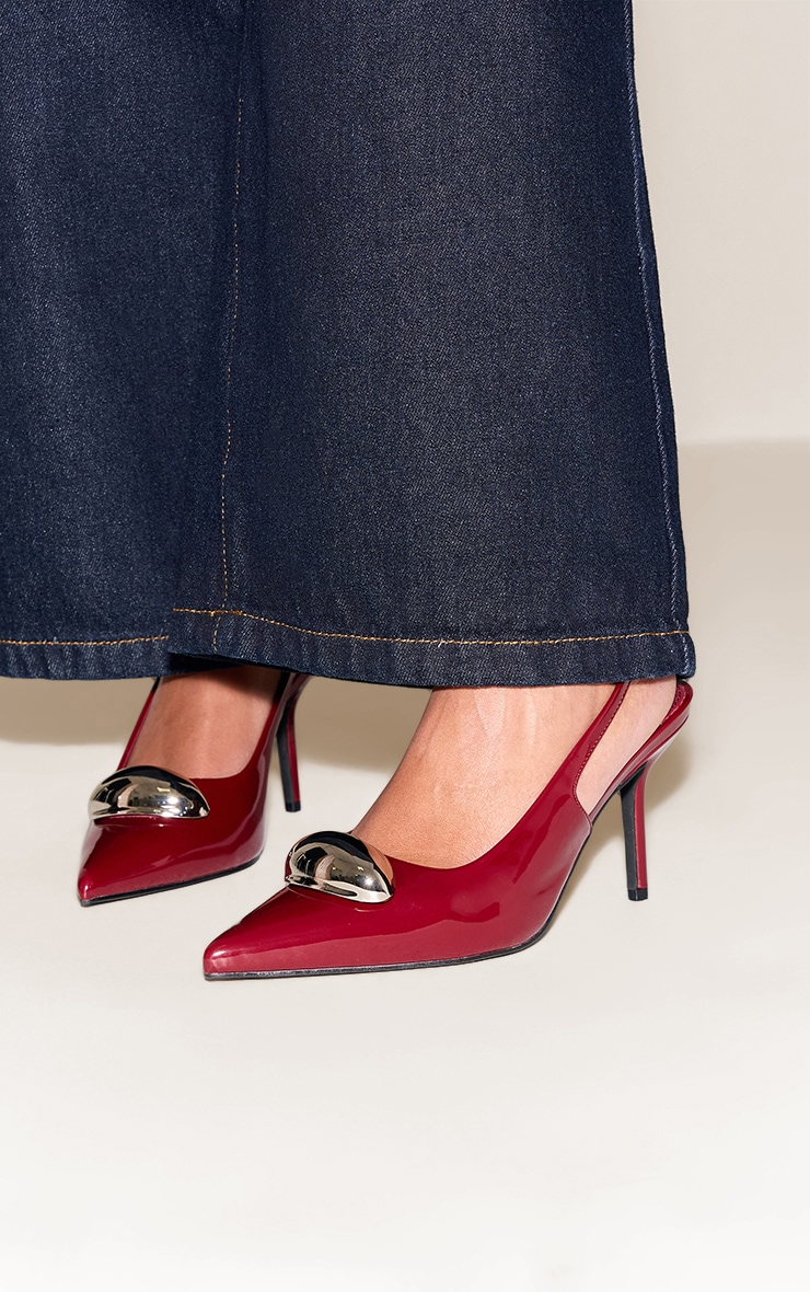 Plum Patent Silver Dome Trim Sling Back Court Heels
