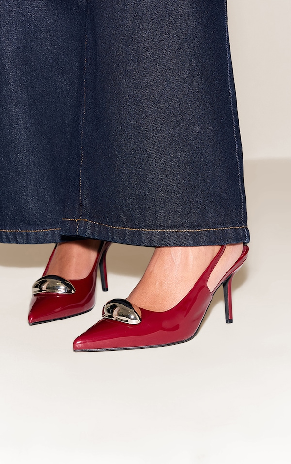 Plum Patent Silver Dome Trim Sling Back Court Heels