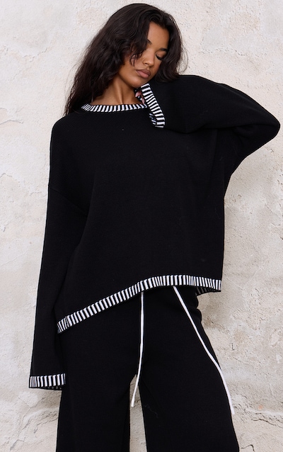 Monochrome Contrast Stitch Detail Knit Oversized Jumper