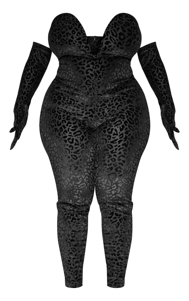 Plus Black Leopard Devore V Bar Glove Detail Catsuit image 1