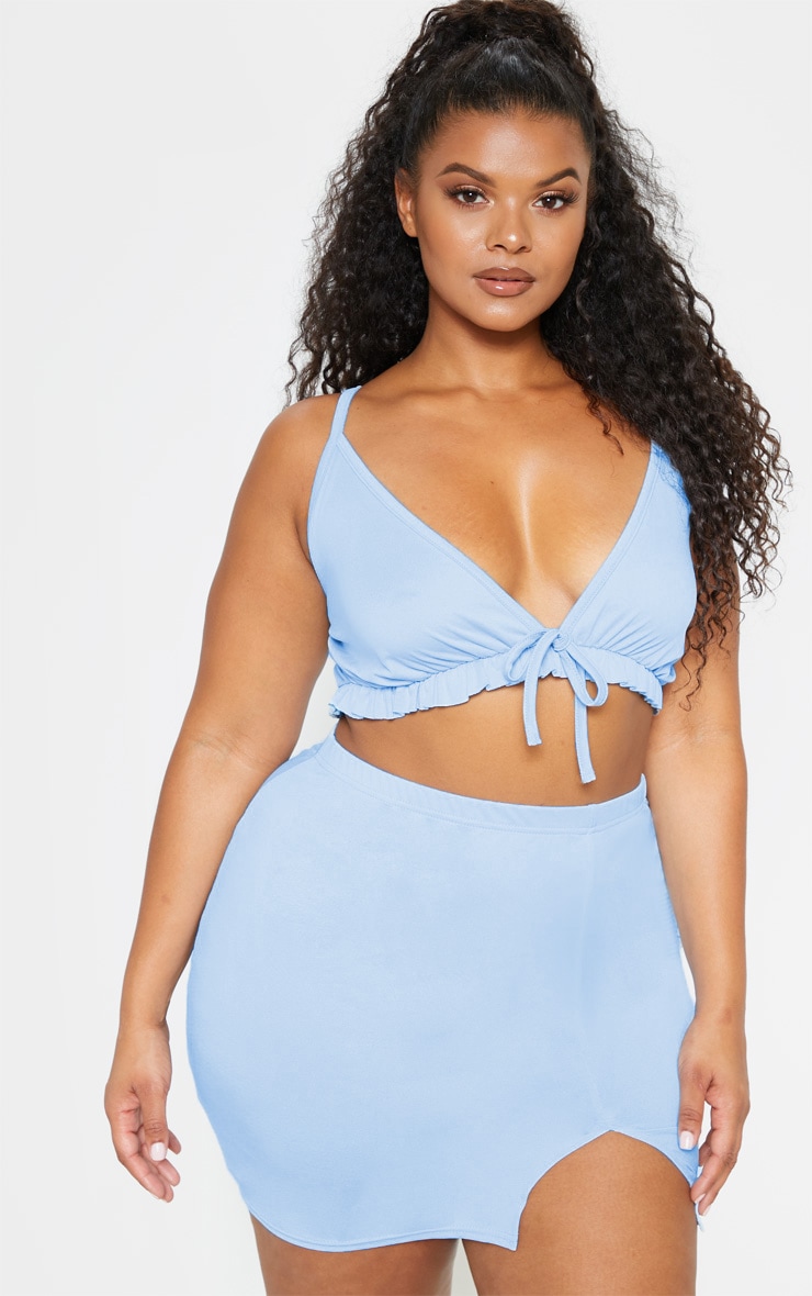 Plus Dusty Blue Frill Detail Strappy Crop Top