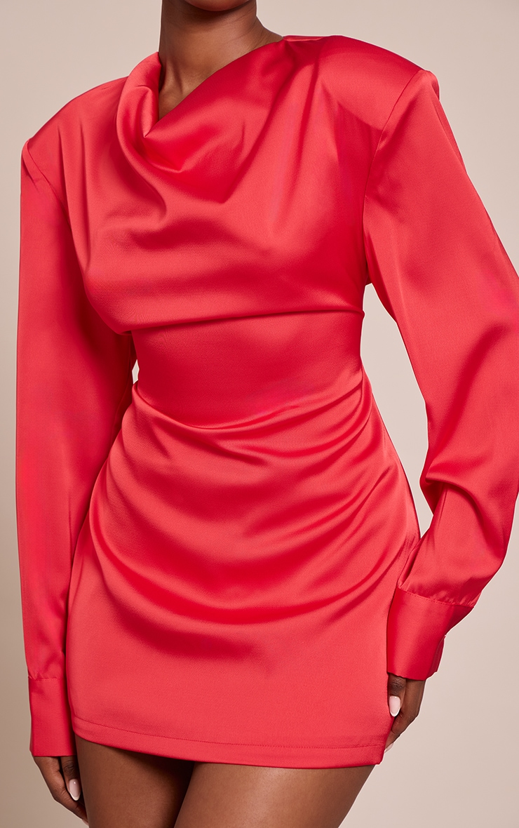 Red Satin Cowl Neck Long Sleeve Midaxi Dress image 4