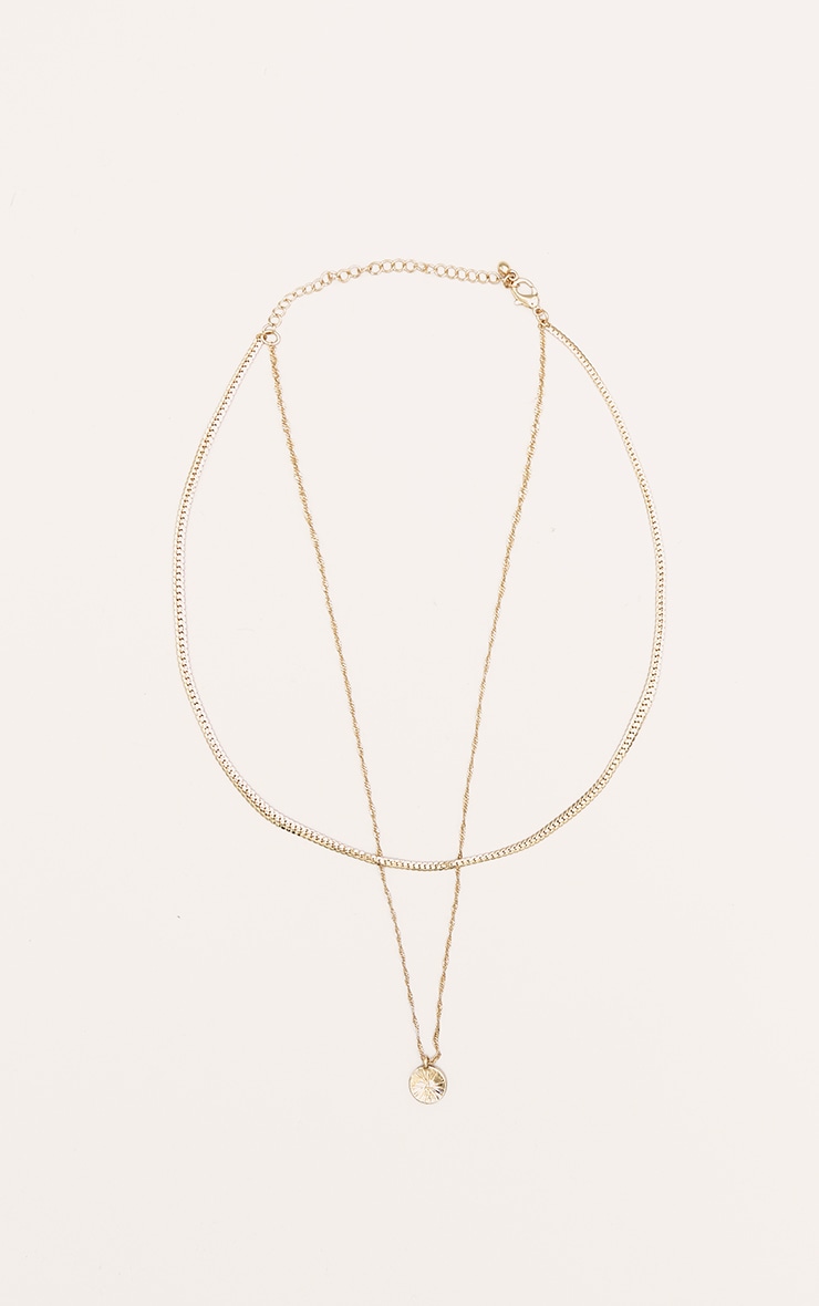 Gold Circle Pendant Layered Twist Chain Necklace image 2