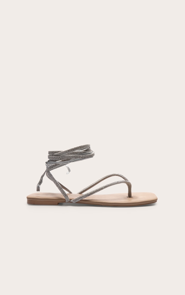 Silver PU Round Toe Diamante Strappy Sandals image 2