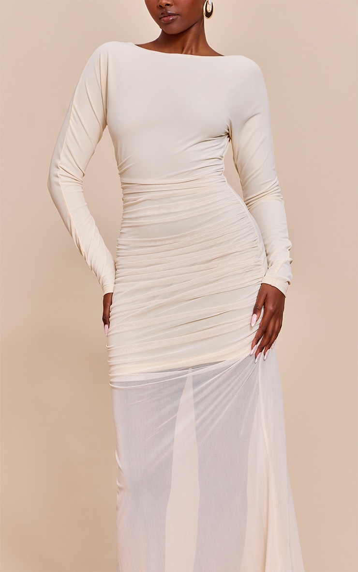 Cream Ruched Long Sleeve Maxi Dress image 4