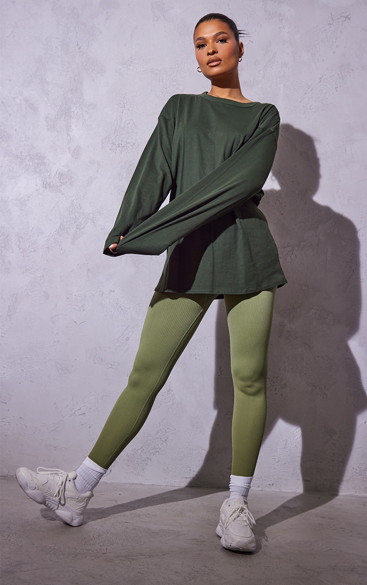 Cotton Dark Green Oversized Long Sleeve T Shirt Tops PrettyLittleThing CA
