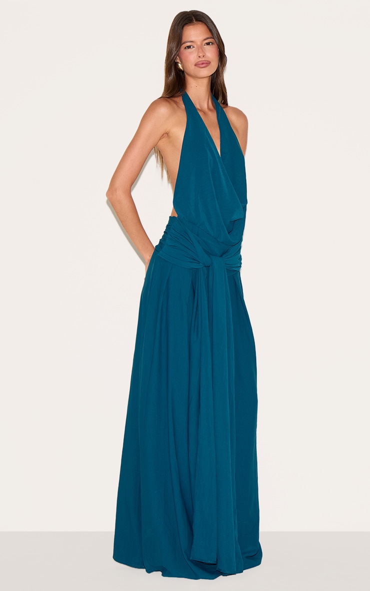 Robe longue fluide tissée bleu sarcelle à col bénitier et dos échancré image 3