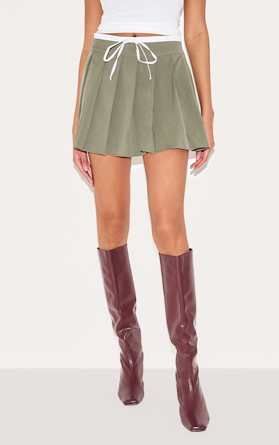Khaki Drawstring Double Waistband Tailored Pleated Mini Skirt