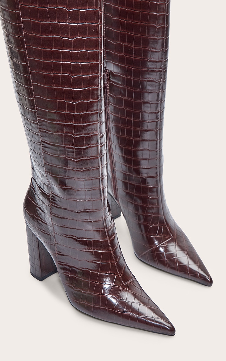 Chocolate Croc Point Toe Block Heel Knee High Boot image 5