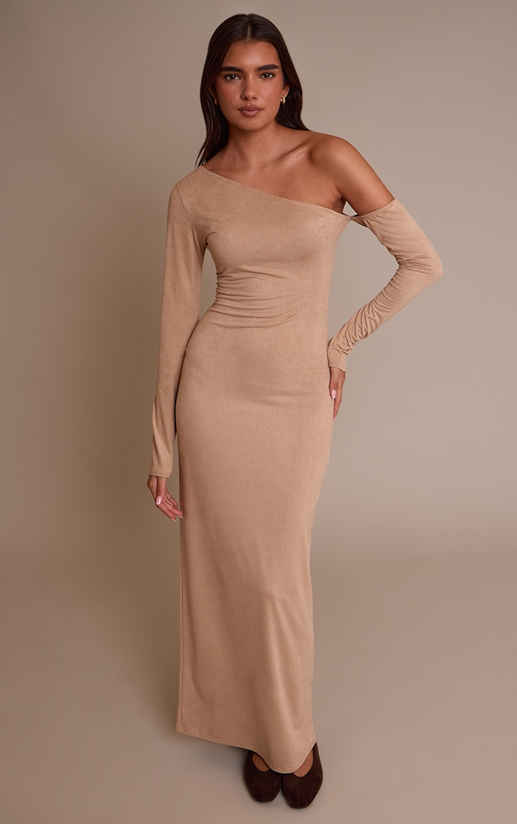 Sand Faux Suede Asymmetric Maxi Dress