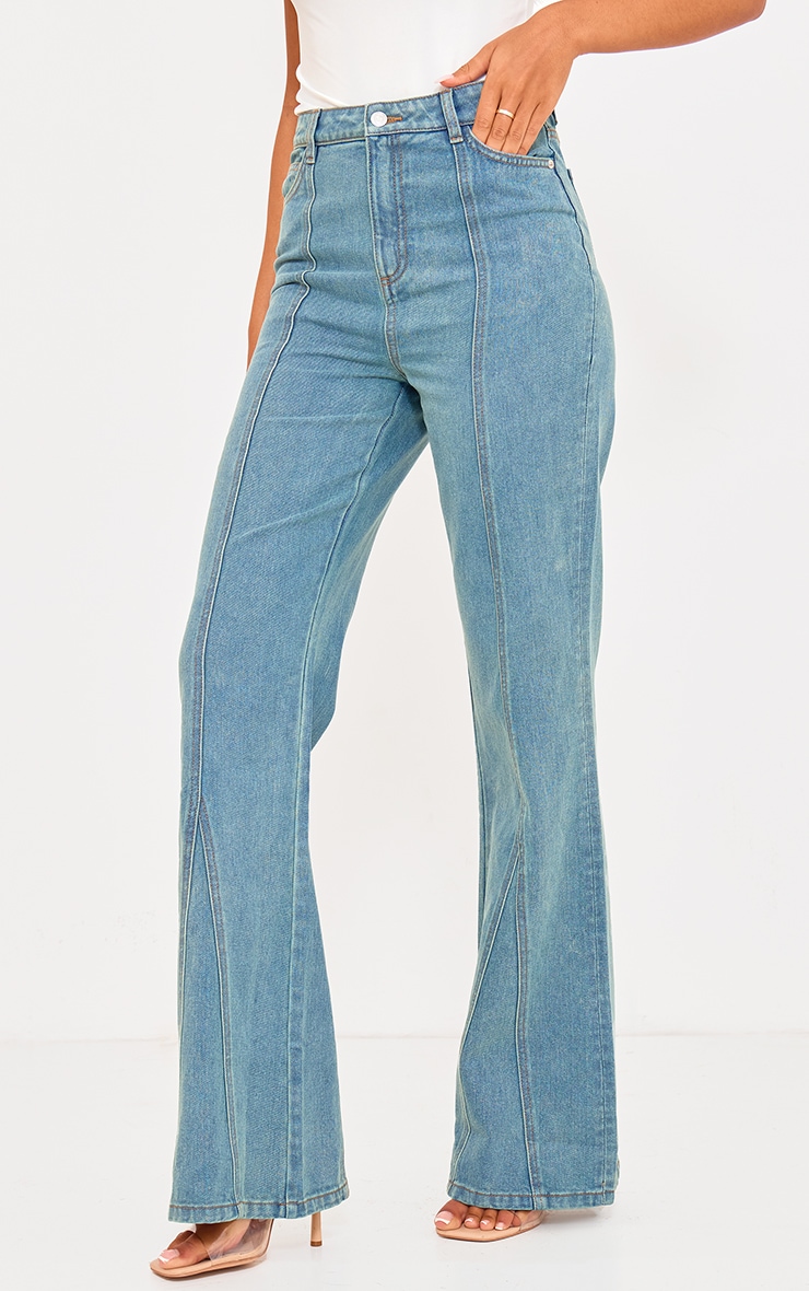 Tall Vintage Mid Wash High Waist Seam Detail Flared Jeans image 2