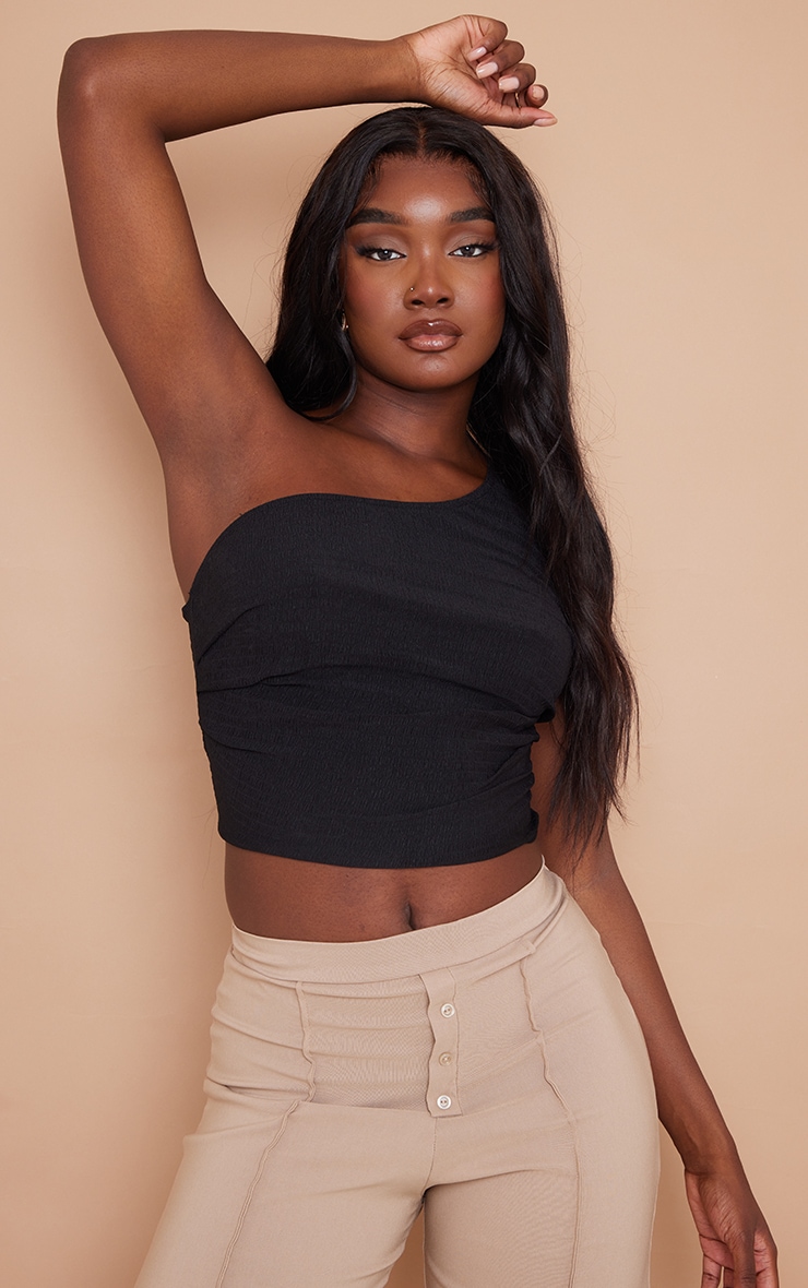 Tall Black Textured One Shoulder Crop Top