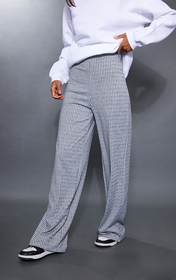  Grey Contrast Ribbed Wide Leg Pants image 2