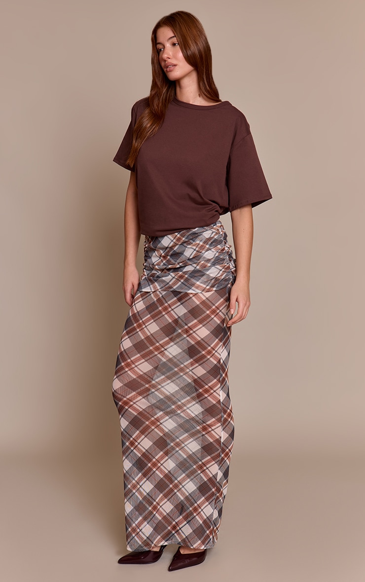 Brown Check Print Mesh Overlay Maxi Skirt image 1