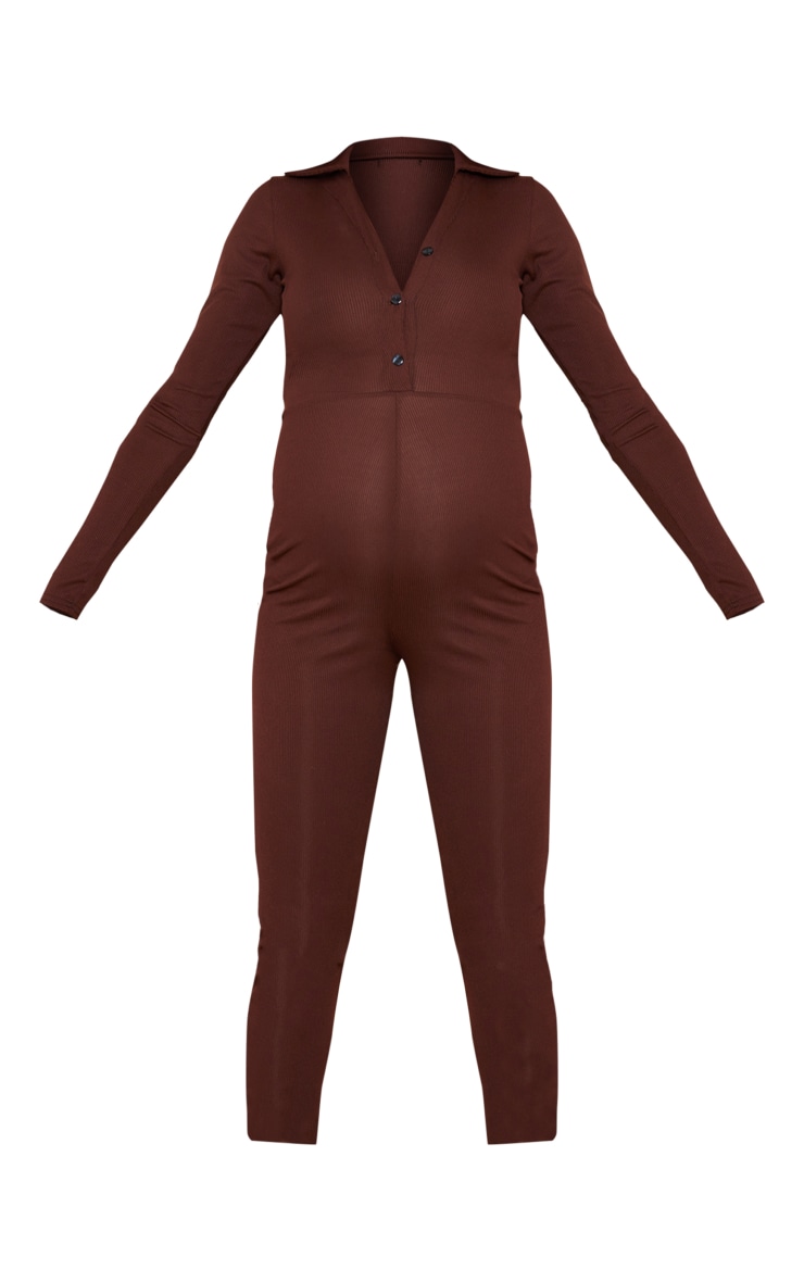 Maternity Chocolate Ribbed Button Through Jumpsuit image 5