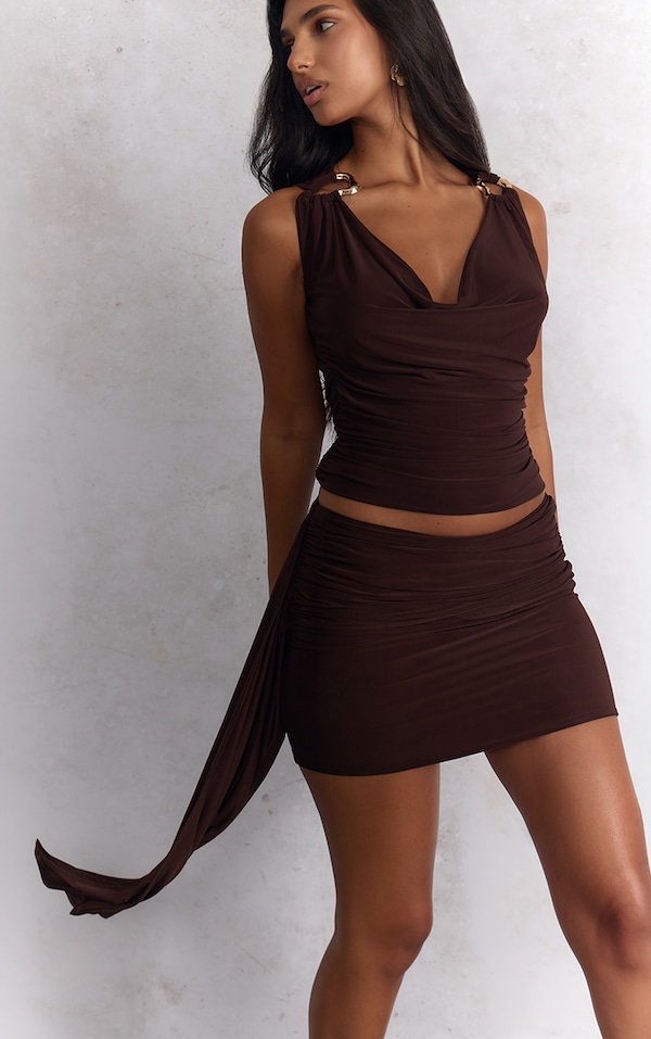 Dark Brown Double Slinky Draped Mini Skirt