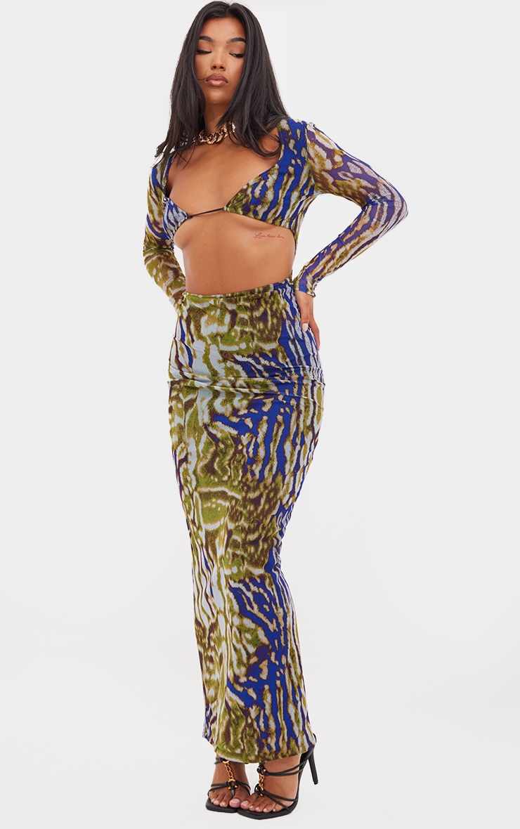  Multi Animal Print Mesh Cup Detail Long Sleeve Maxi Dress image 3