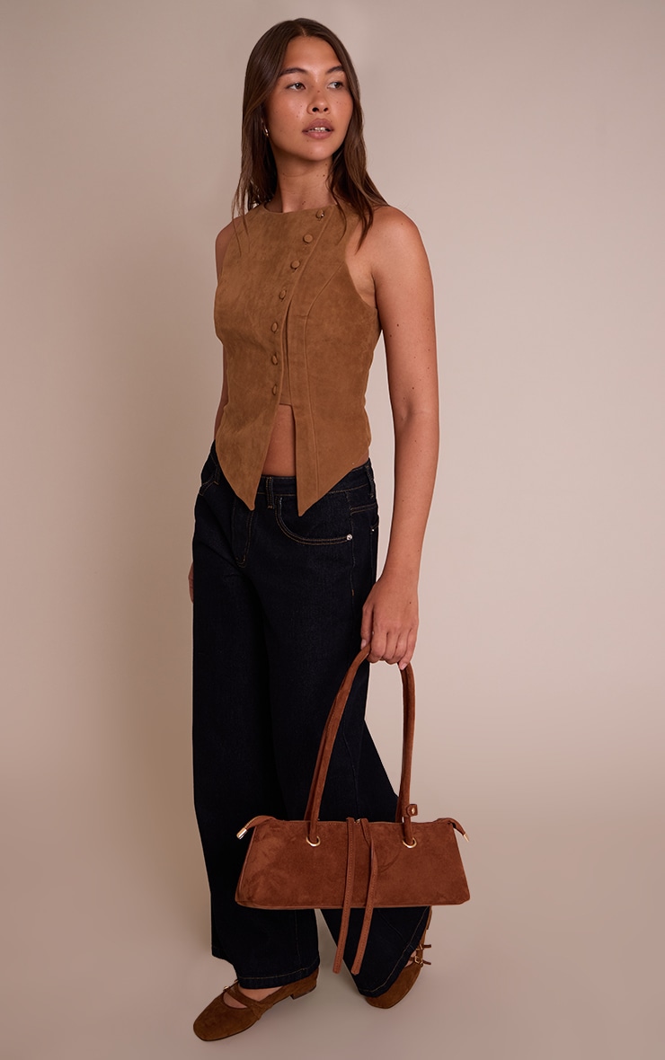 Tan Faux Suede Asymmetric Button Detail Waistcoat image 3