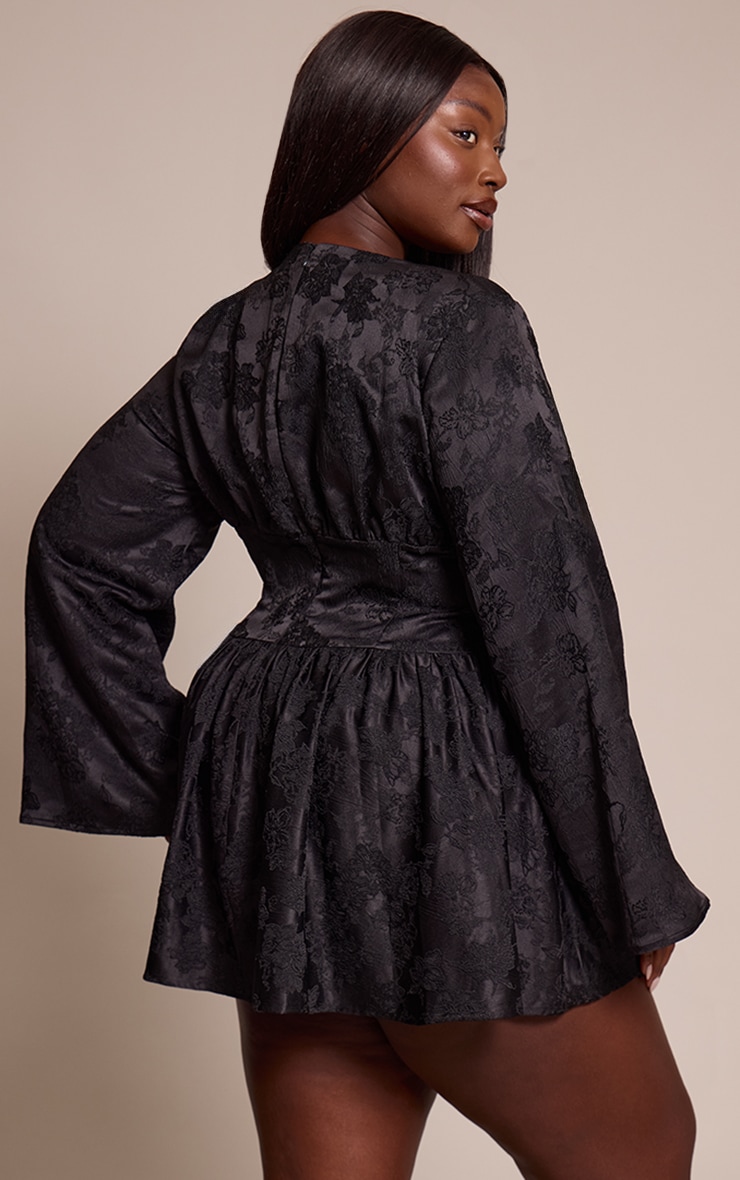 Plus Black Floral Jacquard Flute Sleeve Mini Dress image 2