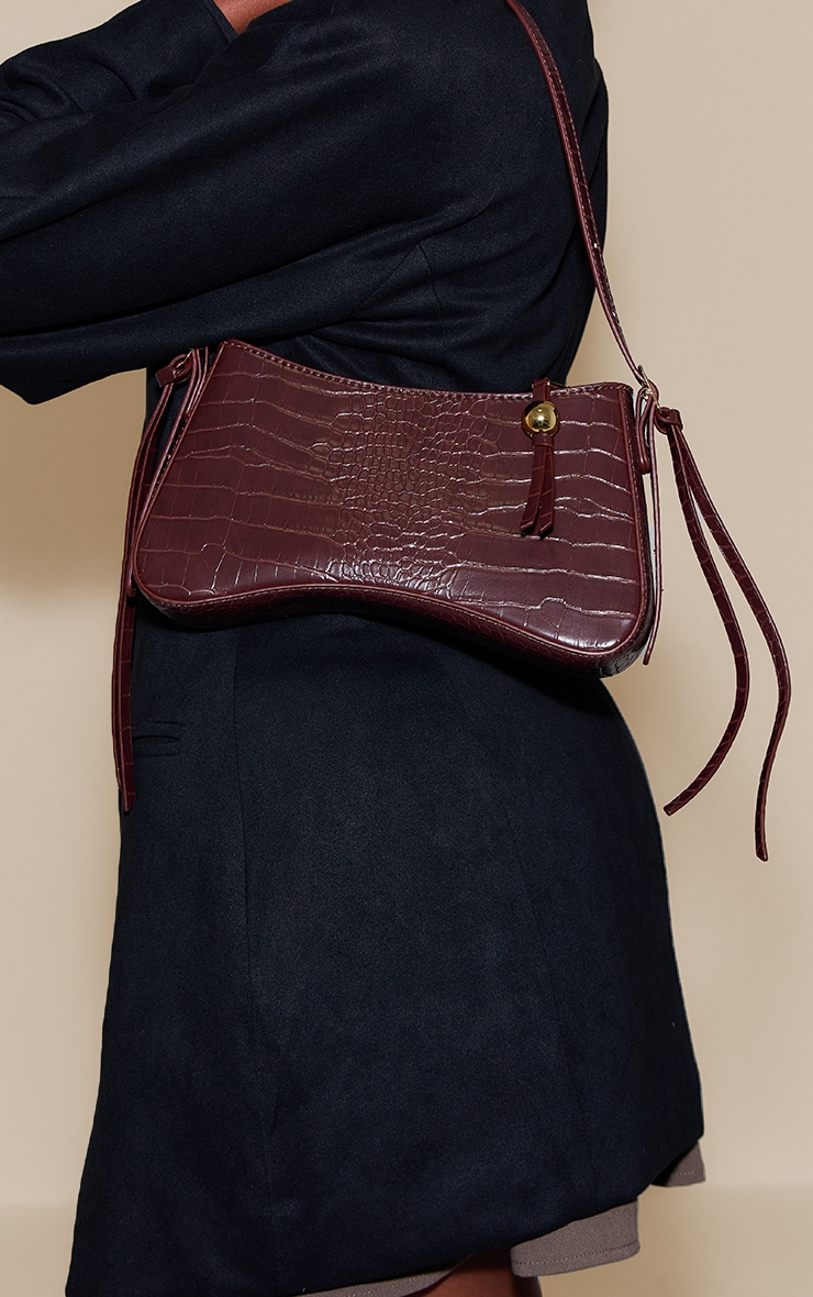 Chocolate Croc Curved Beaded Shoulder Bag image 1