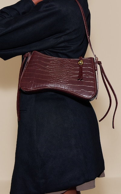 Sac à main incurvé chocolat effet croco à perle