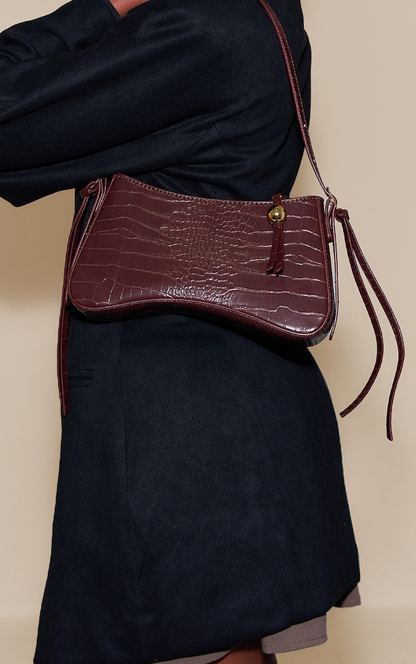 Chocolate Croc Curved Beaded Shoulder Bag