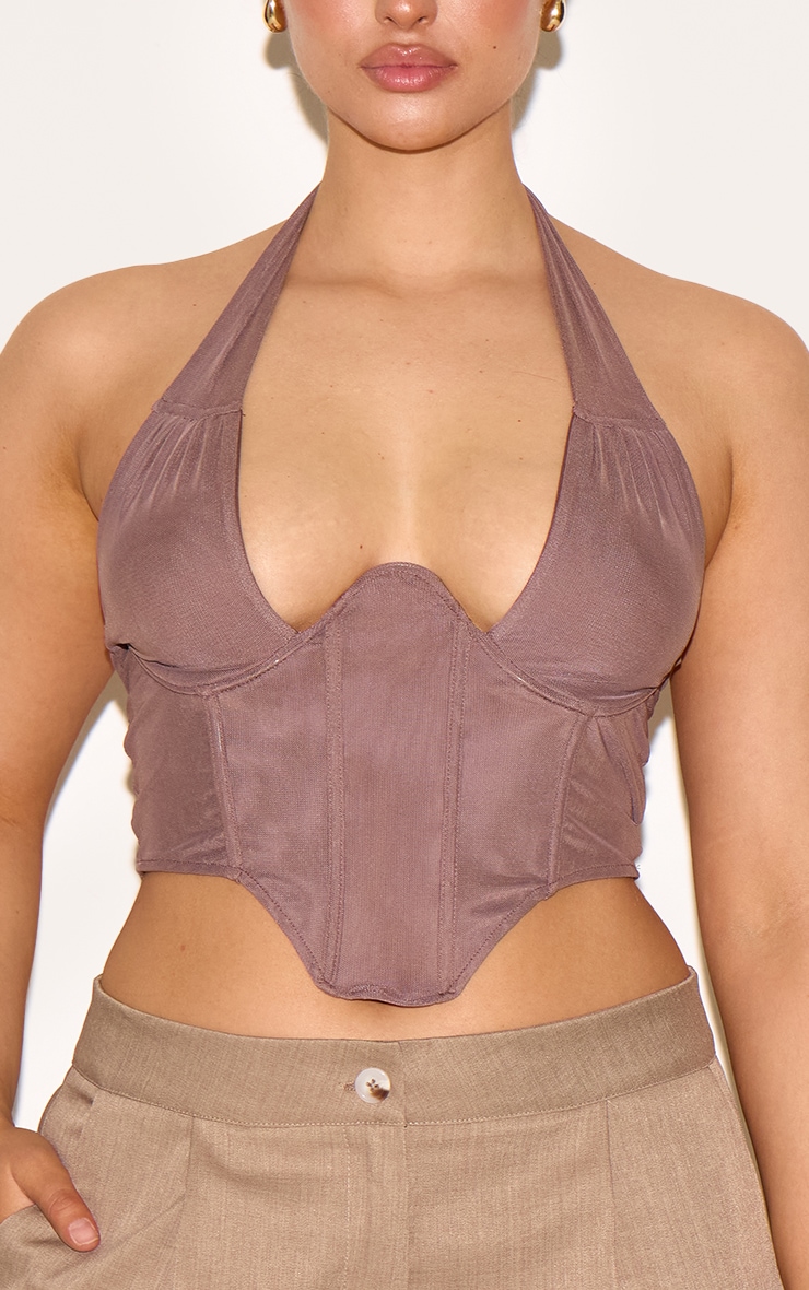 Shape Brown Double Layered Mesh Tie Neck Corset Top image 4