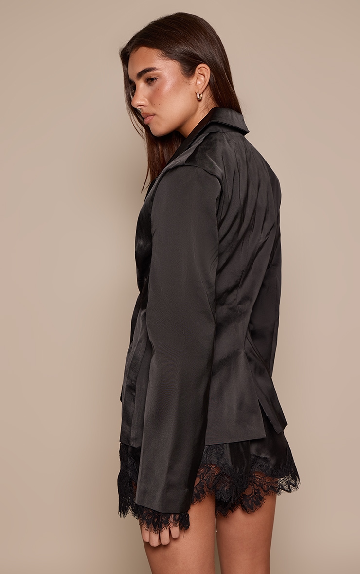 Black Structured Satin Lace Detail Blazer image 2